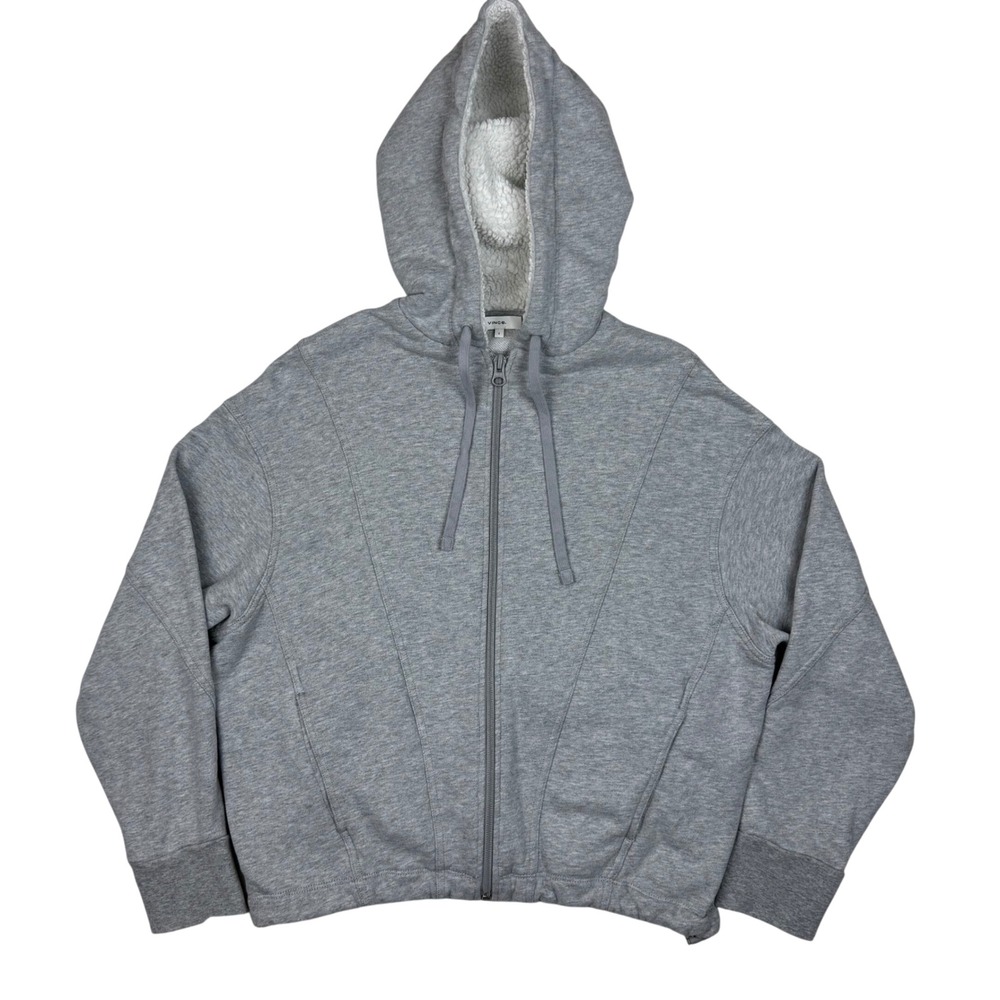 Vince Sherpa Lined Full Zip Hoodie Paneled Toggle Womens S Gray Athleisure Boxy